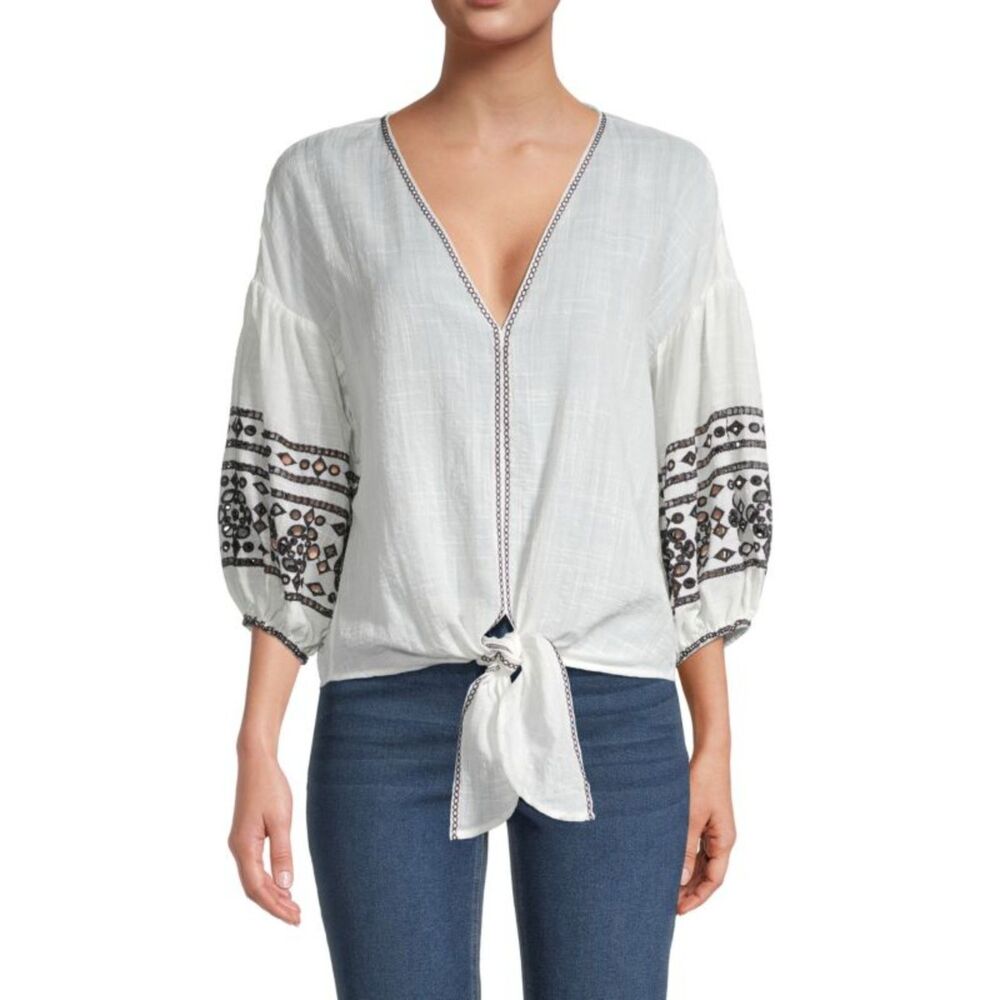 NWOT Max Edition Women's  Embroidered White/Black Cotton Blend Shirt Top Small